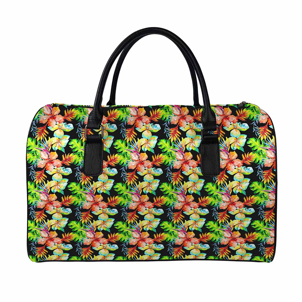 Tropical Hawaii Flowers Pattern Print Leather Duffle Bag