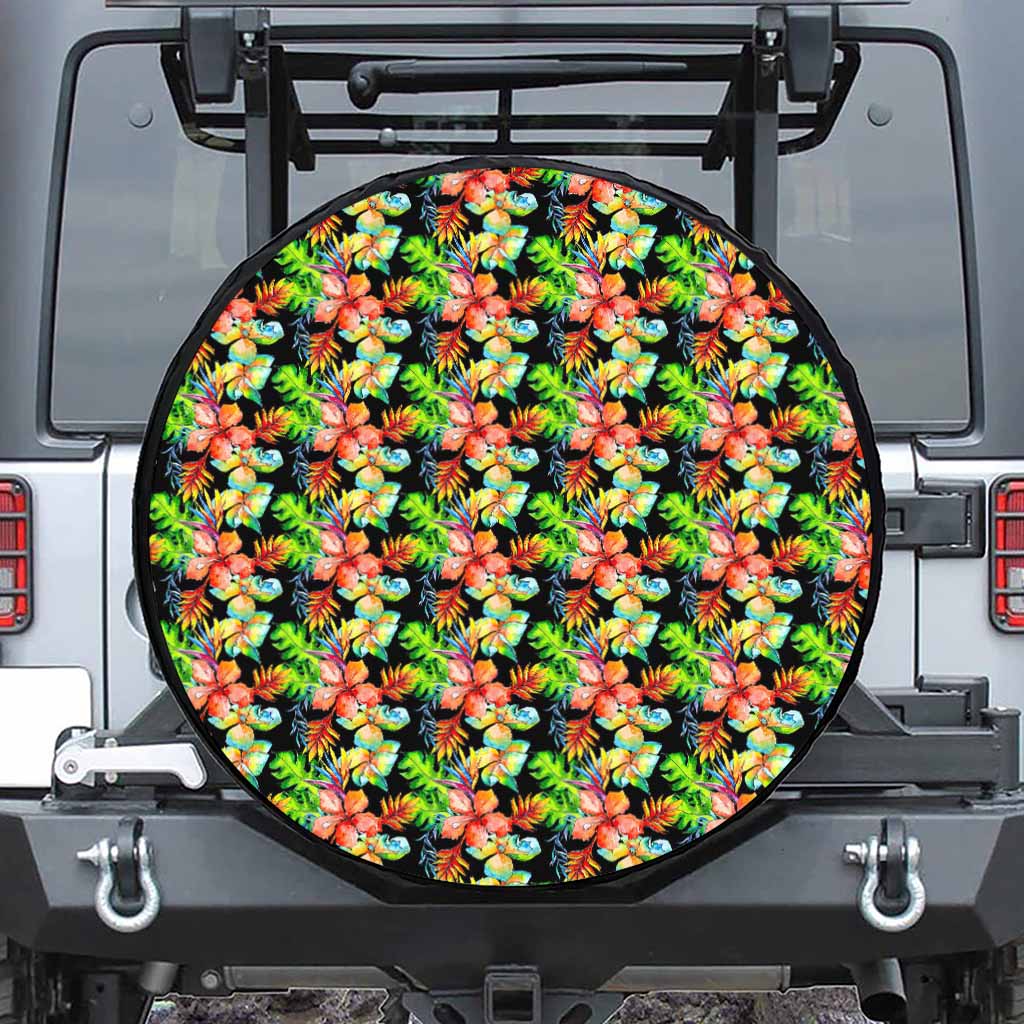 Tropical Hawaii Flowers Pattern Print Leather Spare Tire Cover