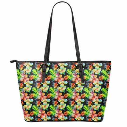 Tropical Hawaii Flowers Pattern Print Leather Tote Bag