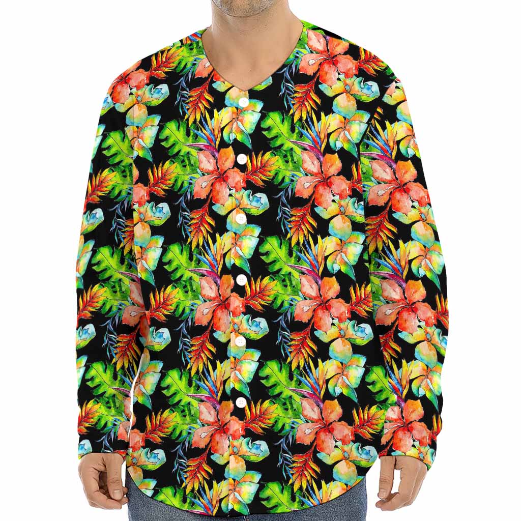 Tropical Hawaii Flowers Pattern Print Long Sleeve Baseball Jersey