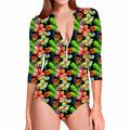 Tropical Hawaii Flowers Pattern Print Long Sleeve Swimsuit