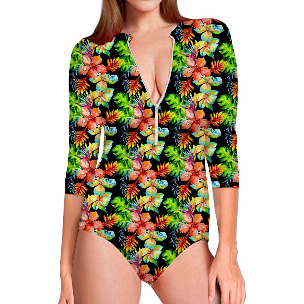 Tropical Hawaii Flowers Pattern Print Long Sleeve Swimsuit
