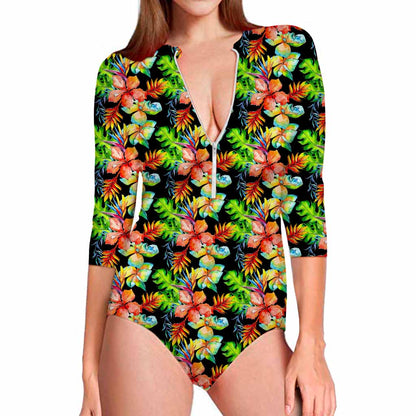 Tropical Hawaii Flowers Pattern Print Long Sleeve Swimsuit
