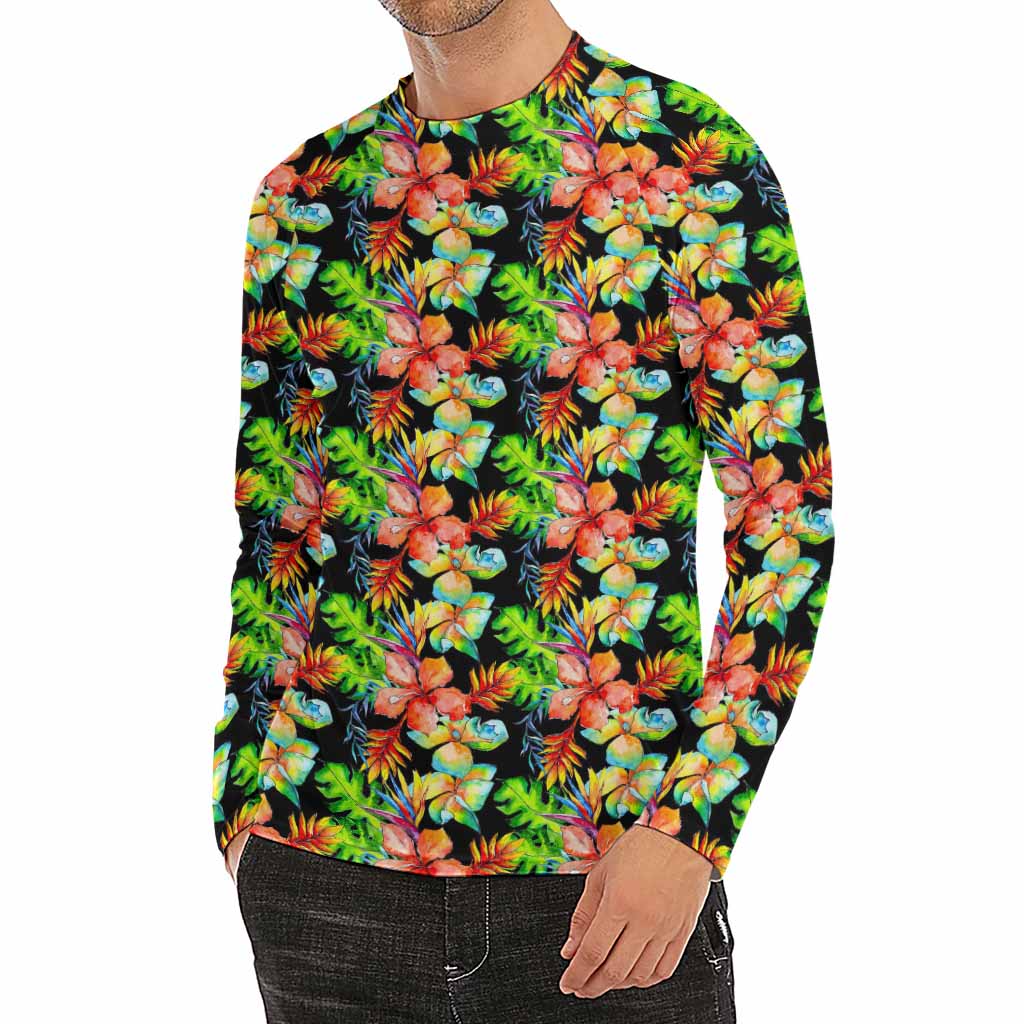 Tropical Hawaii Flowers Pattern Print Men's Long Sleeve Rash Guard