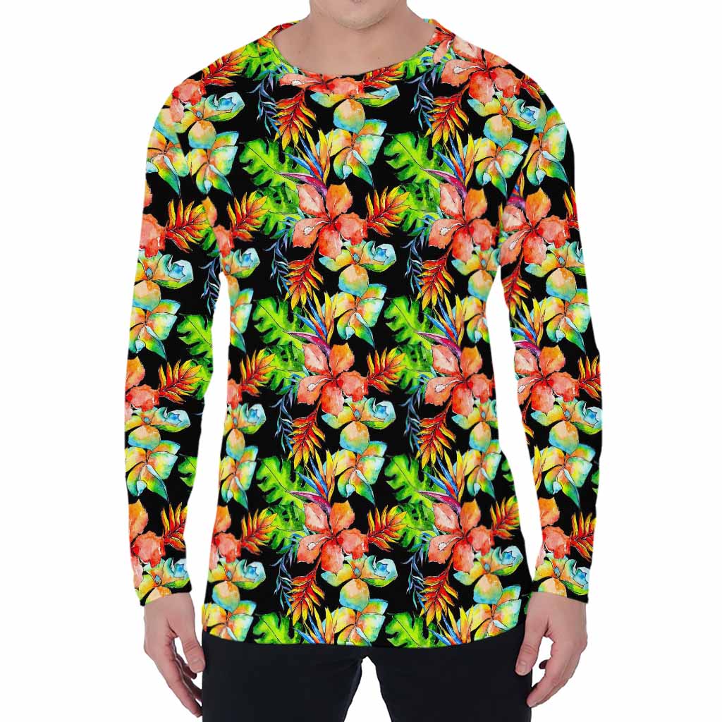Tropical Hawaii Flowers Pattern Print Men's Long Sleeve T-Shirt