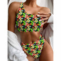 Tropical Hawaii Flowers Pattern Print One Shoulder Bikini Set