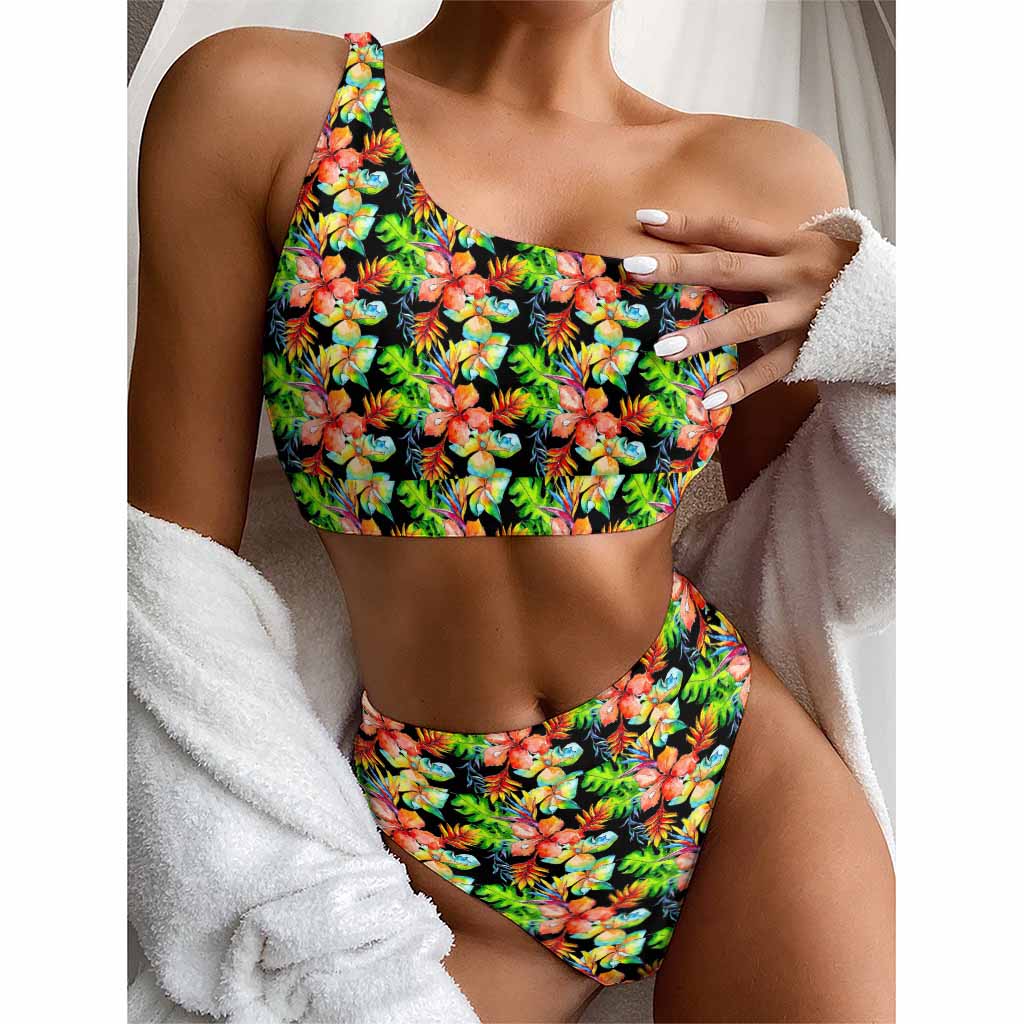 Tropical Hawaii Flowers Pattern Print One Shoulder Bikini Top