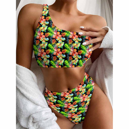Tropical Hawaii Flowers Pattern Print One Shoulder Bikini Top