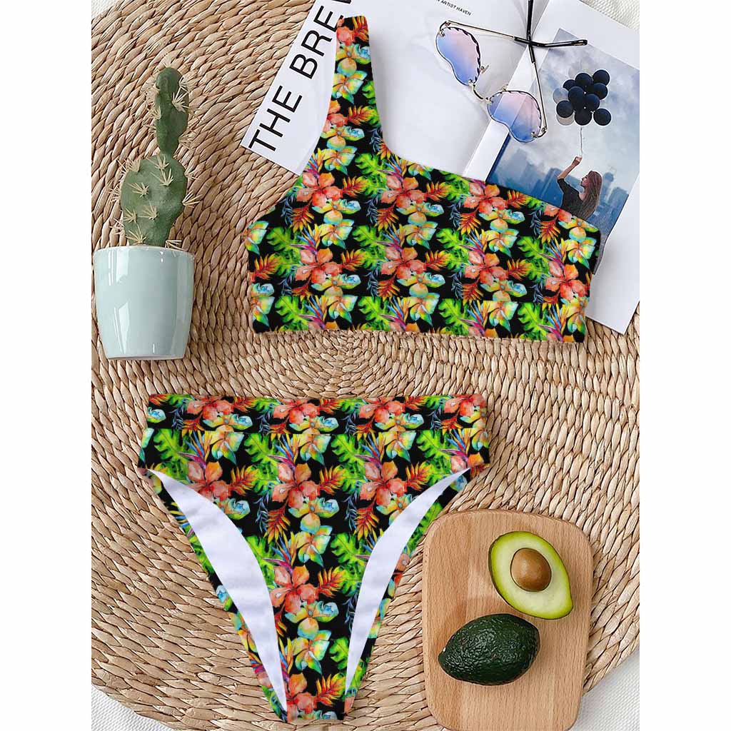 Tropical Hawaii Flowers Pattern Print One Shoulder Bikini Top