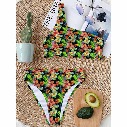 Tropical Hawaii Flowers Pattern Print One Shoulder Bikini Top