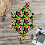 Tropical Hawaii Flowers Pattern Print One Shoulder Bodysuit