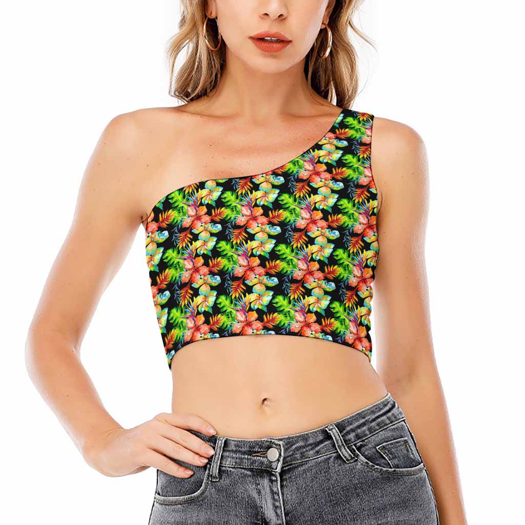 Tropical Hawaii Flowers Pattern Print One Shoulder Crop Top