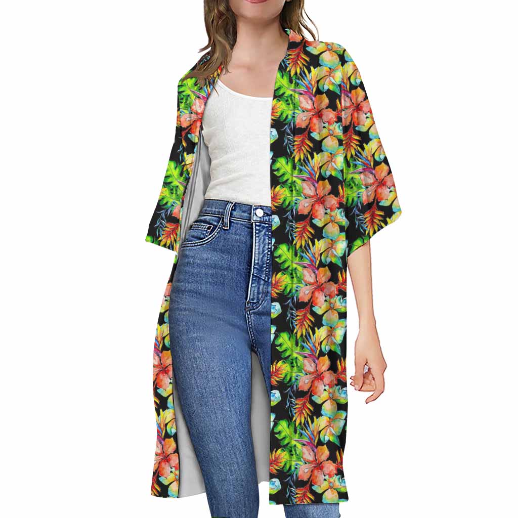 Tropical Hawaii Flowers Pattern Print Open Front Beach Cover Up