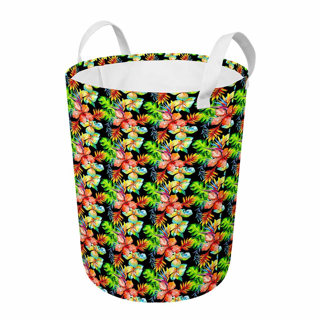 Tropical Hawaii Flowers Pattern Print Round Laundry Basket