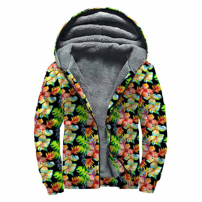 Tropical Hawaii Flowers Pattern Print Sherpa Lined Zip Up Hoodie