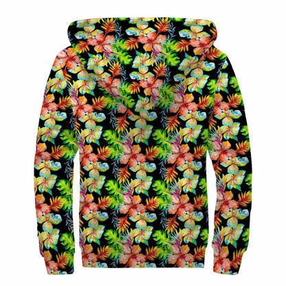 Tropical Hawaii Flowers Pattern Print Sherpa Lined Zip Up Hoodie