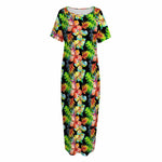 Tropical Hawaii Flowers Pattern Print Short Sleeve Long Nightdress