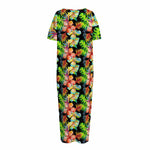 Tropical Hawaii Flowers Pattern Print Short Sleeve Long Nightdress