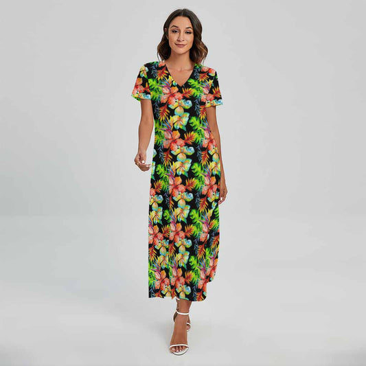 Tropical Hawaii Flowers Pattern Print Short Sleeve Maxi Dress