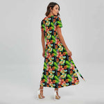 Tropical Hawaii Flowers Pattern Print Short Sleeve Maxi Dress