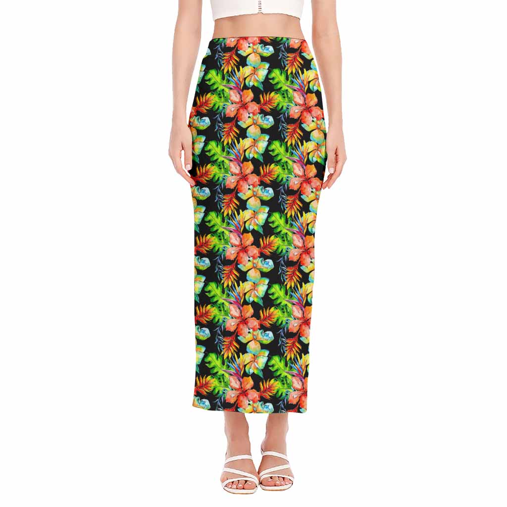 Tropical Hawaii Flowers Pattern Print Side Slit Maxi Skirt