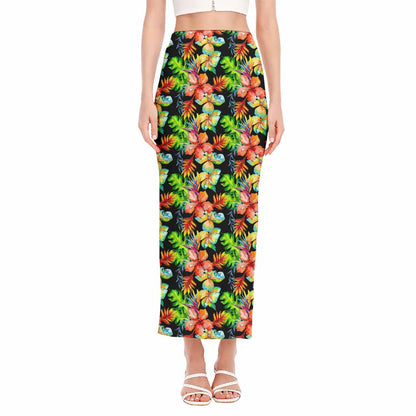 Tropical Hawaii Flowers Pattern Print Side Slit Maxi Skirt