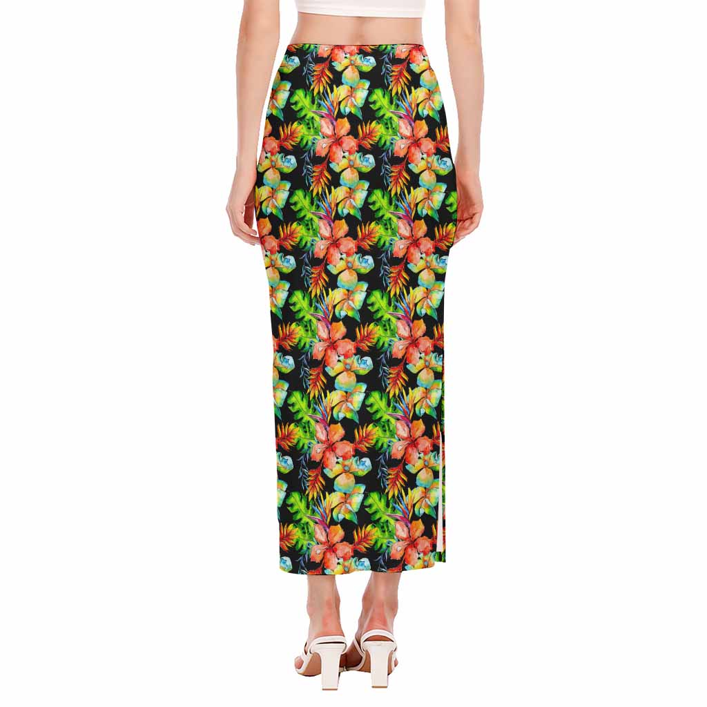Tropical Hawaii Flowers Pattern Print Side Slit Maxi Skirt