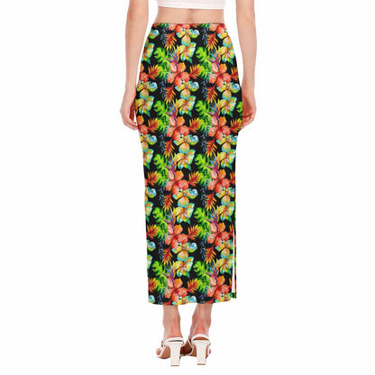 Tropical Hawaii Flowers Pattern Print Side Slit Maxi Skirt