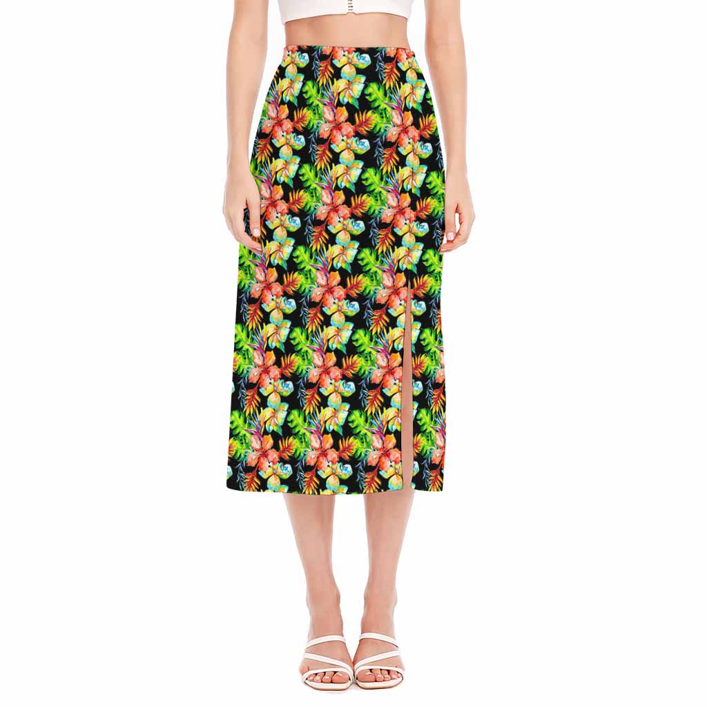 Tropical Hawaii Flowers Pattern Print Side Slit Midi Skirt