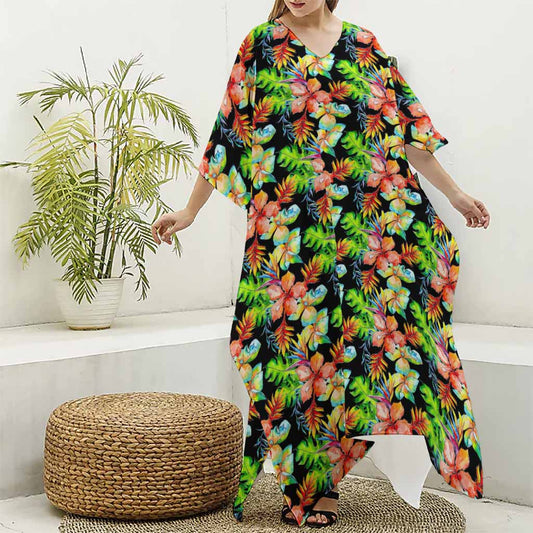 Tropical Hawaii Flowers Pattern Print Silk V-Neck Kaftan Dress