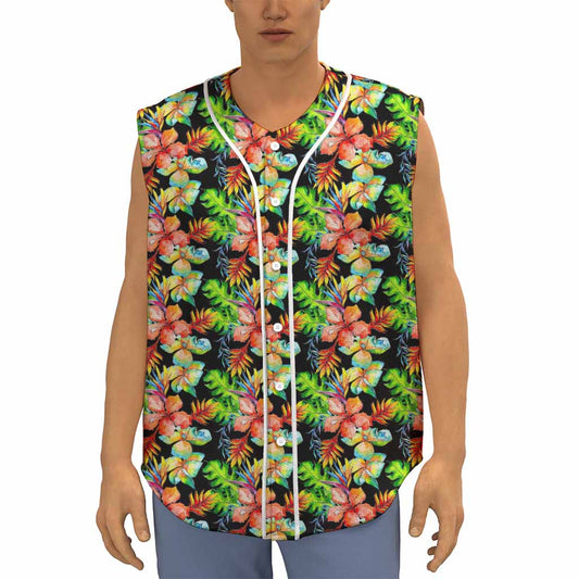 Tropical Hawaii Flowers Pattern Print Sleeveless Baseball Jersey
