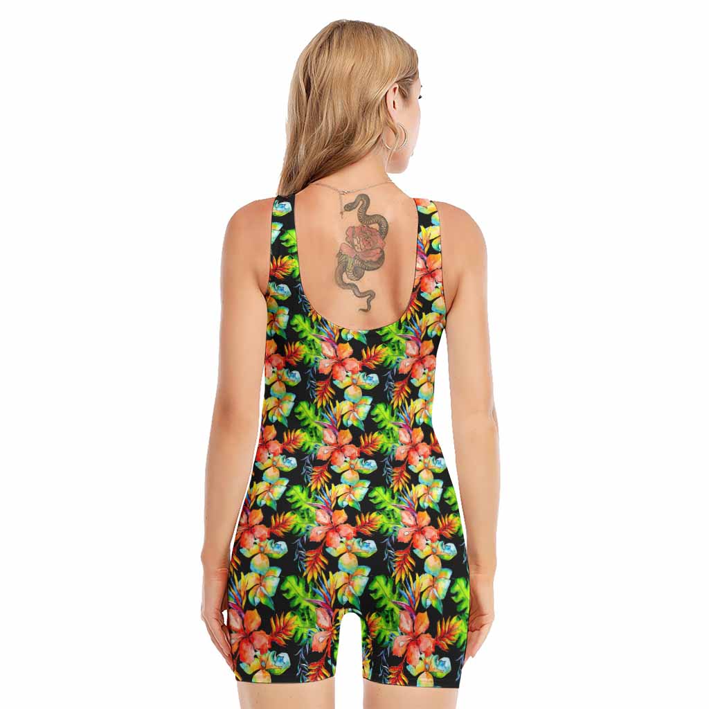 Tropical Hawaii Flowers Pattern Print Sleeveless One Piece Swimsuit