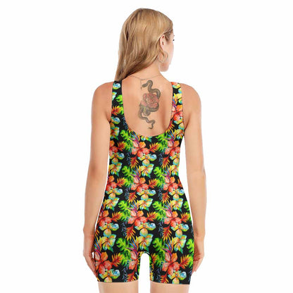 Tropical Hawaii Flowers Pattern Print Sleeveless One Piece Swimsuit