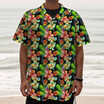 Tropical Hawaii Flowers Pattern Print Textured Short Sleeve Shirt