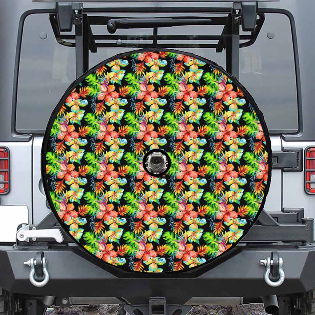 Tropical Hawaii Flowers Pattern Print Tire Cover With Camera Hole