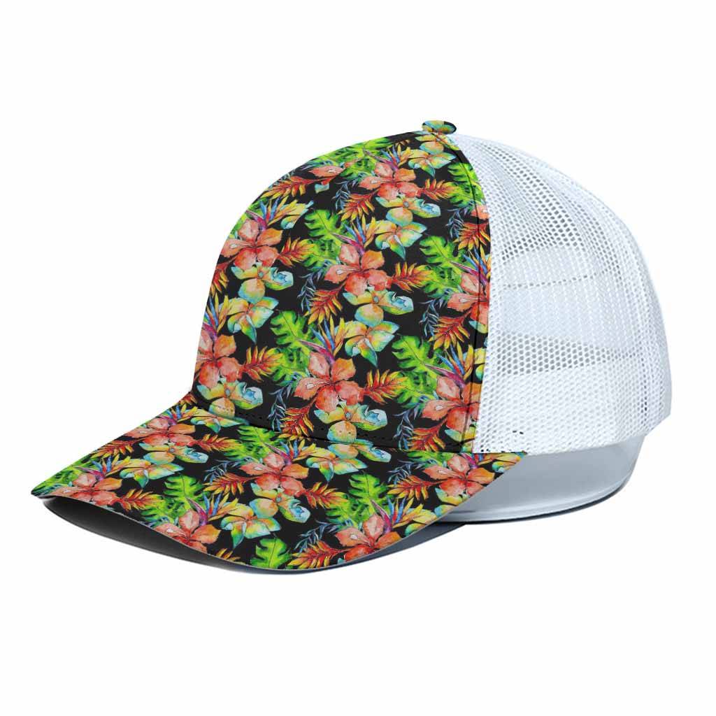 Tropical Hawaii Flowers Pattern Print White Mesh Trucker Cap