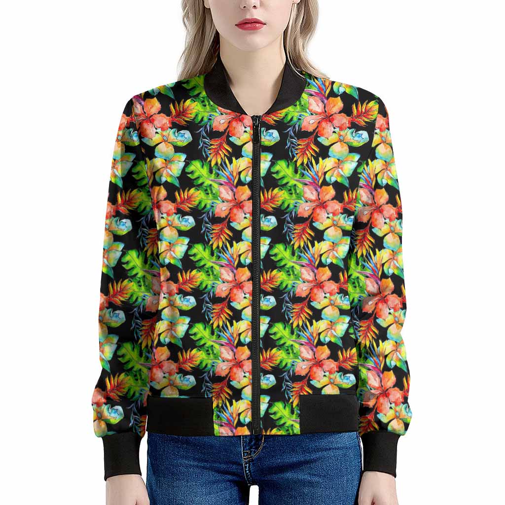 Tropical Hawaii Flowers Pattern Print Women's Bomber Jacket