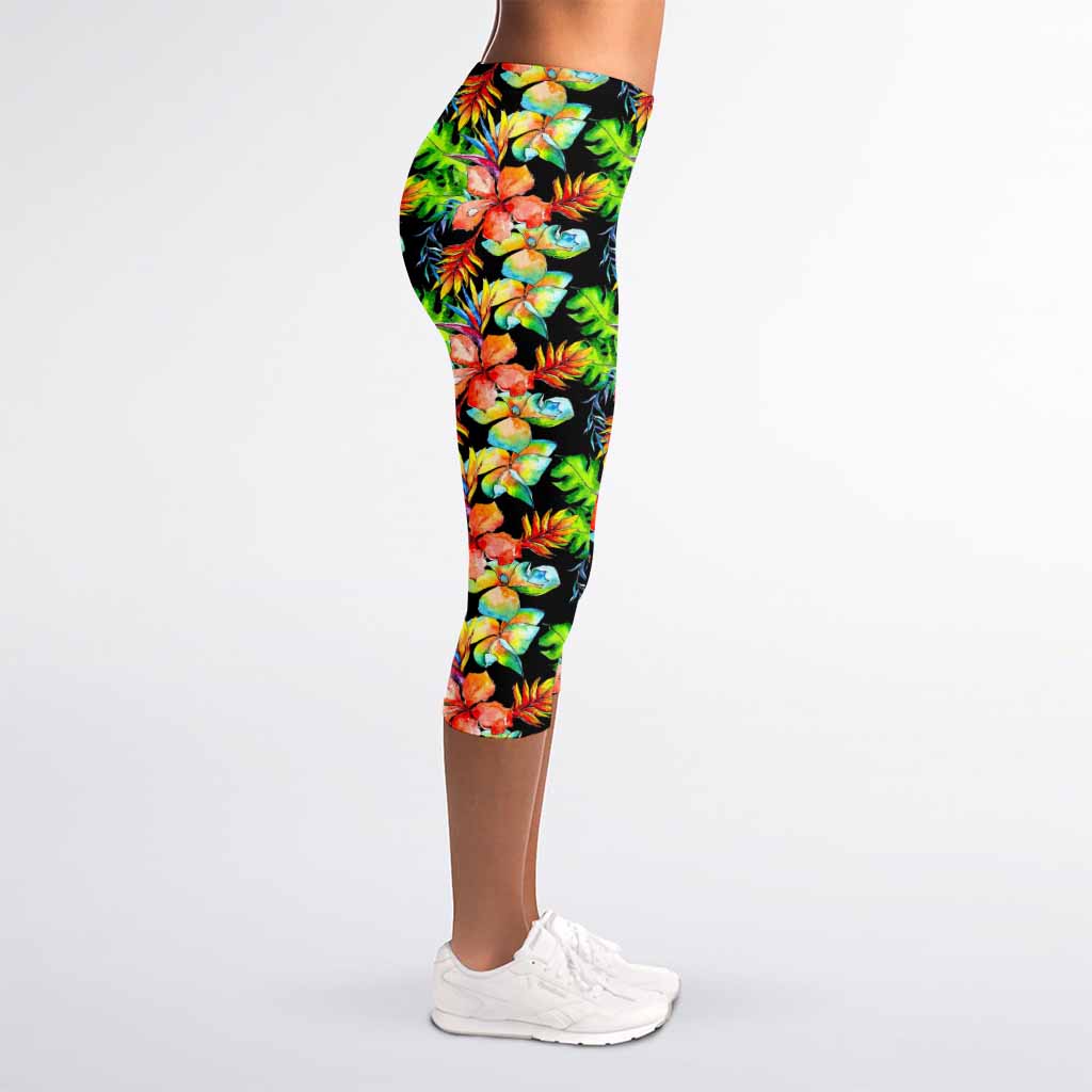 Tropical Hawaii Flowers Pattern Print Women's Capri Leggings