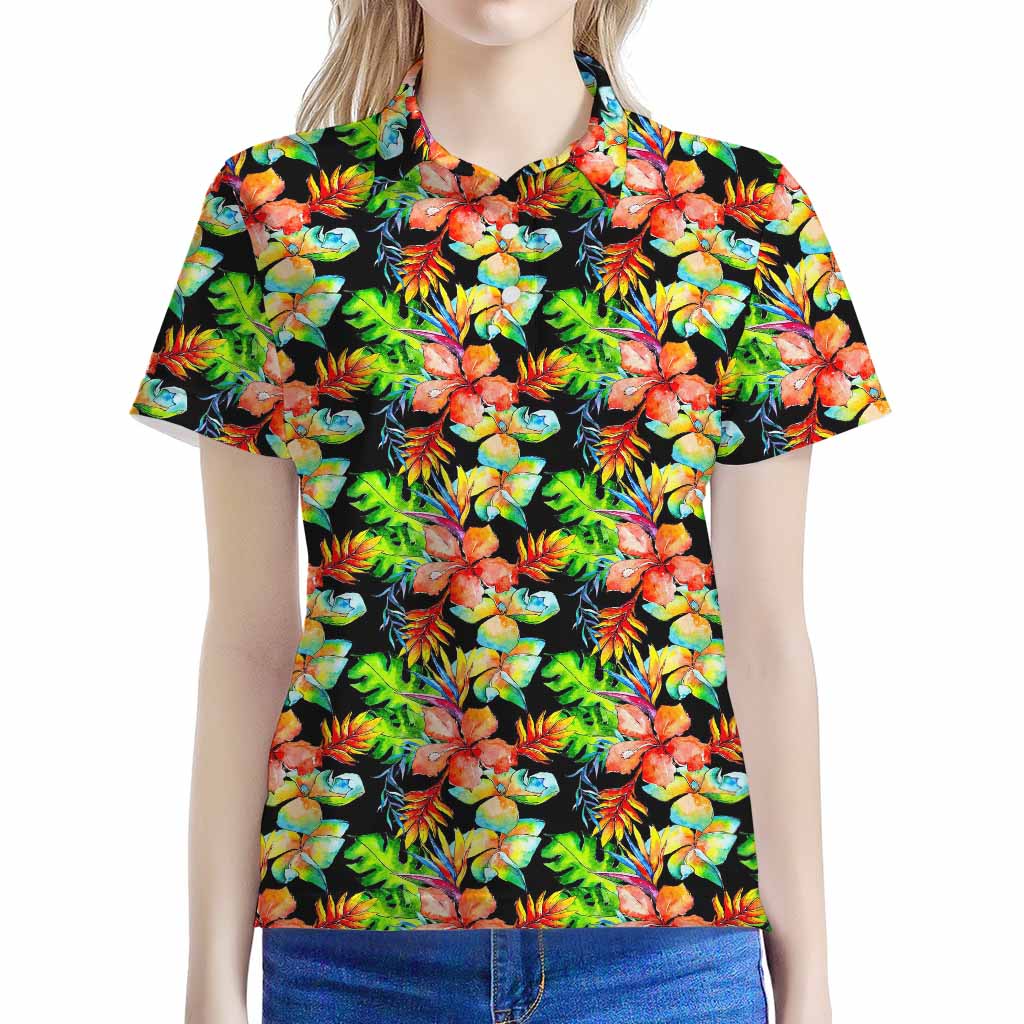 Tropical Hawaii Flowers Pattern Print Women's Polo Shirt