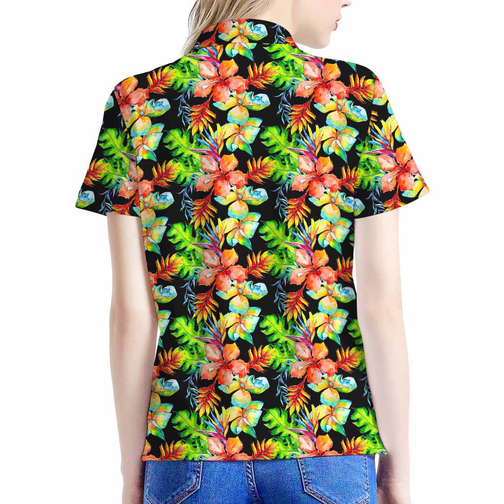 Tropical Hawaii Flowers Pattern Print Women's Polo Shirt