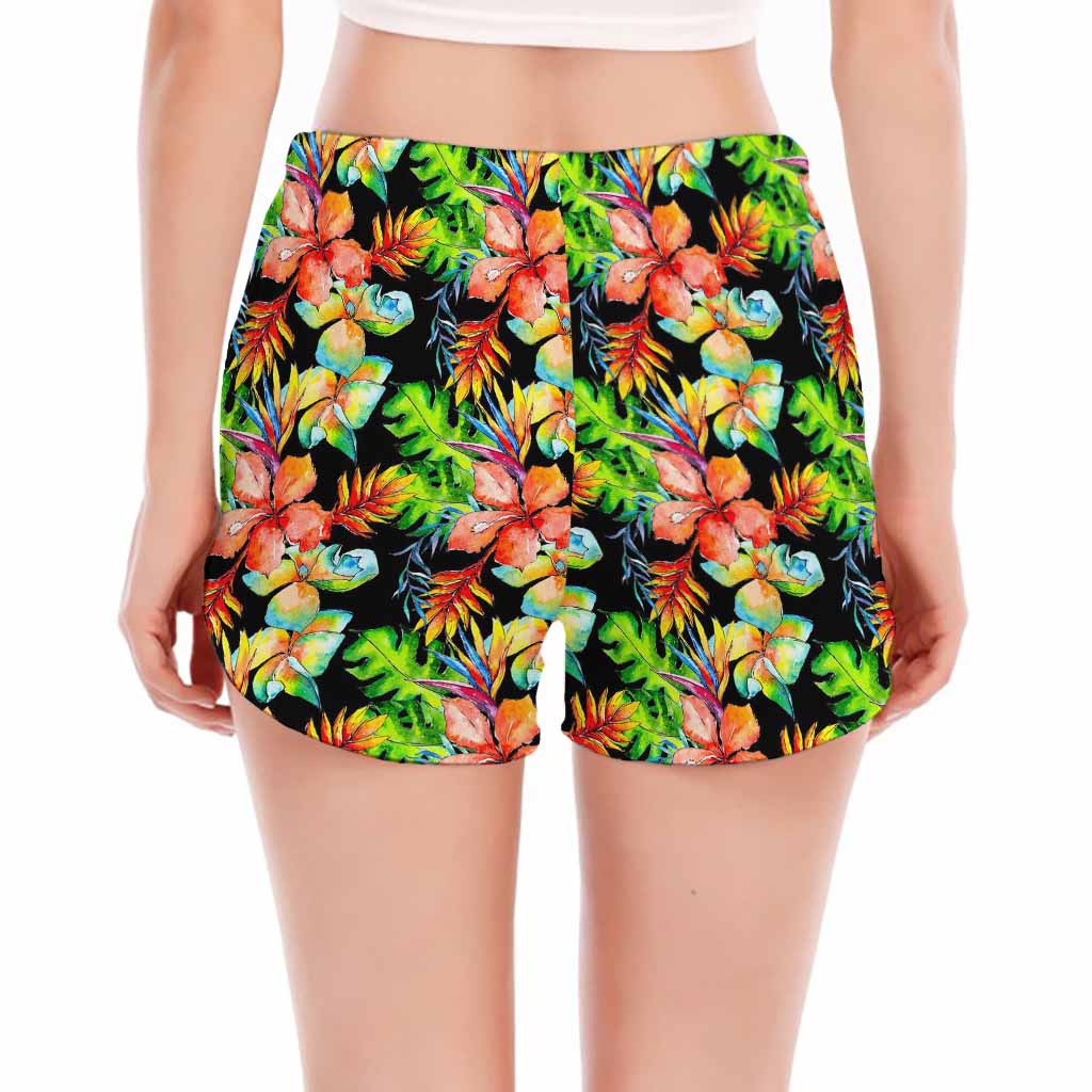 Tropical Hawaii Flowers Pattern Print Women's Split Running Shorts
