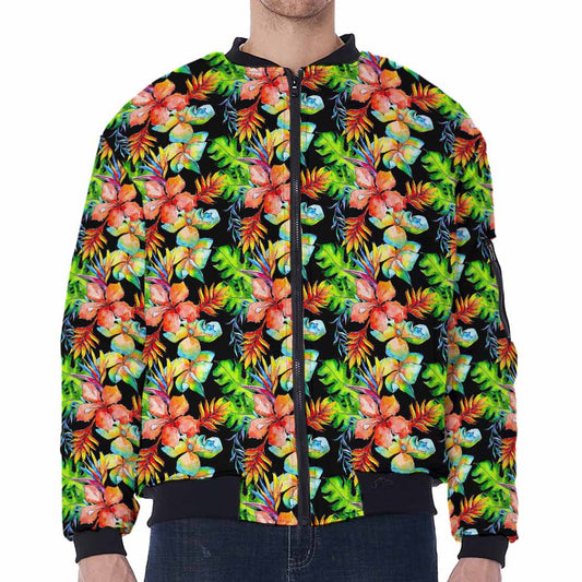 Tropical Hawaii Flowers Pattern Print Zip Sleeve Bomber Jacket