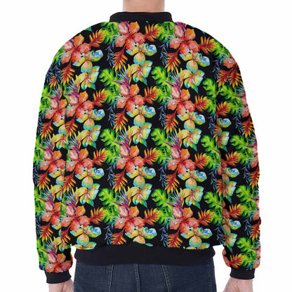 Tropical Hawaii Flowers Pattern Print Zip Sleeve Bomber Jacket