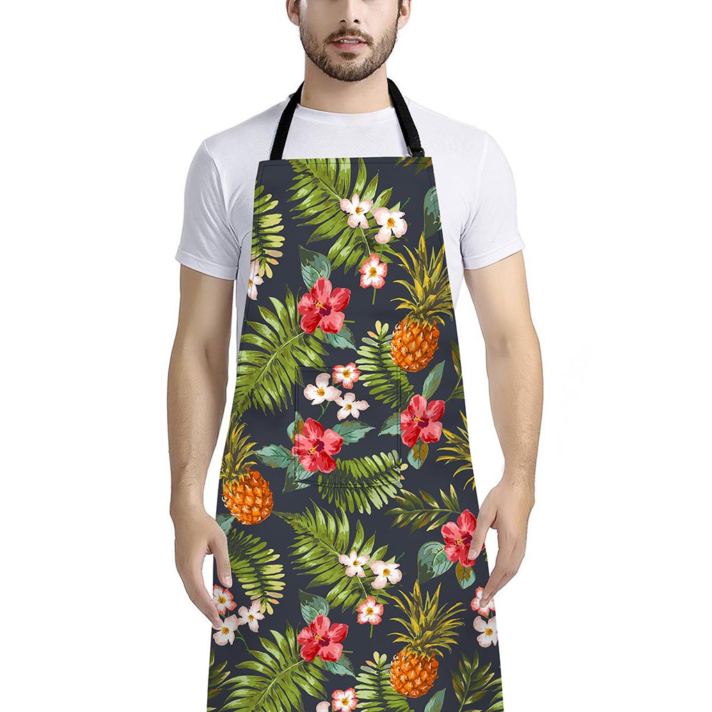 Tropical Hawaii Pineapple Pattern Print Bib Apron With Pocket