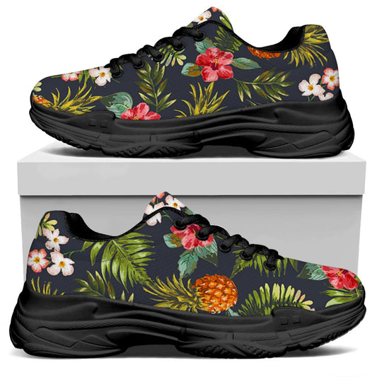 Tropical Hawaii Pineapple Pattern Print Black Chunky Shoes