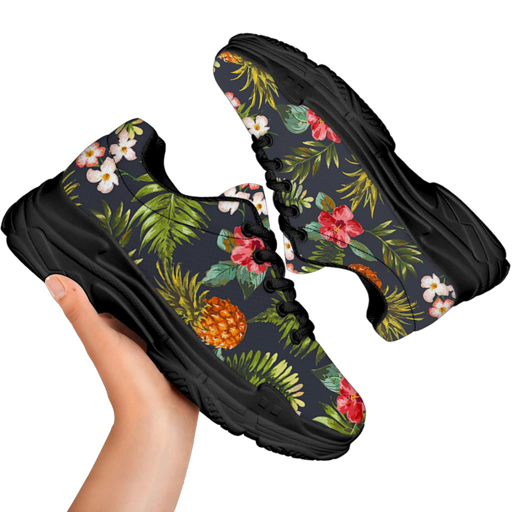 Tropical Hawaii Pineapple Pattern Print Black Chunky Shoes