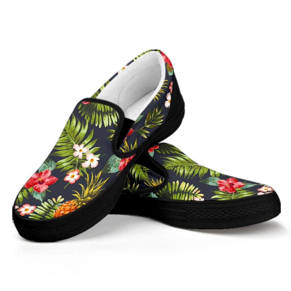 Tropical Hawaii Pineapple Pattern Print Black Slip On Sneakers