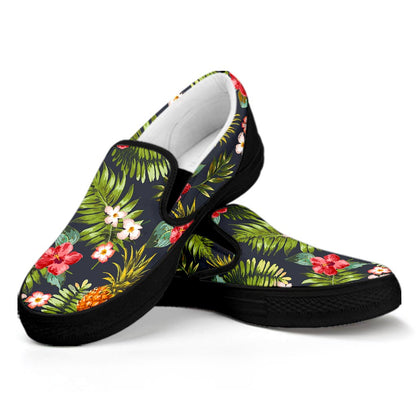 Tropical Hawaii Pineapple Pattern Print Black Slip On Sneakers