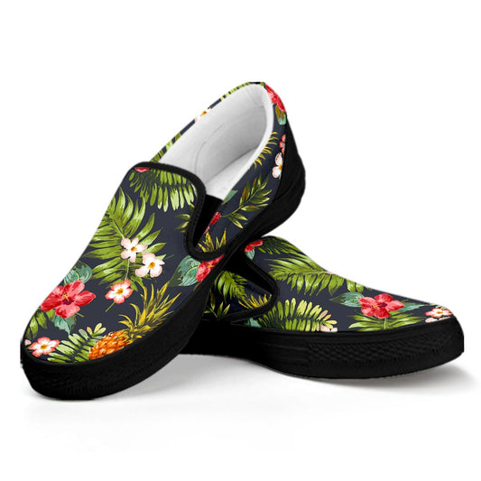Tropical Hawaii Pineapple Pattern Print Black Slip On Sneakers