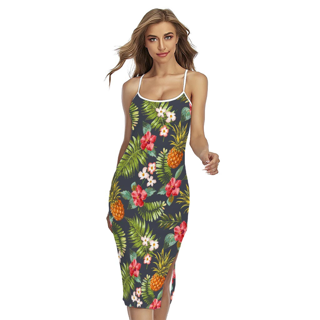 Tropical Hawaii Pineapple Pattern Print Cross Back Cami Dress